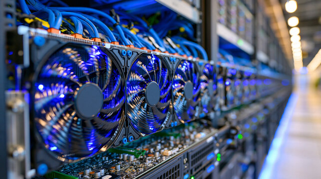 Side angle close view of spinning cooling fans installed across an open server rack, several fan units aligned in precise rows, bright data center aisle softly visible behind, clean technological in