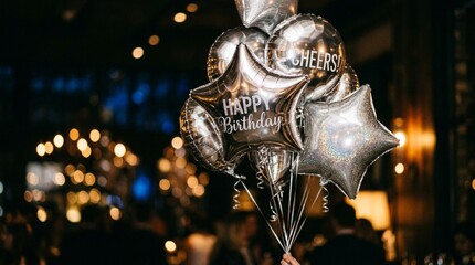 Silver Birthday Balloons with 'Happy Birthday' and 'Cheers' Text
