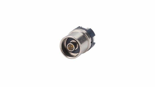 Silver radio frequency connector isolated on white background showing high quality metal construction with detailed internal pins for electrical equipment