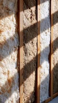 Close-up of wooden stud wall with insulation batts for construction and building thermal insulation background for renovation design