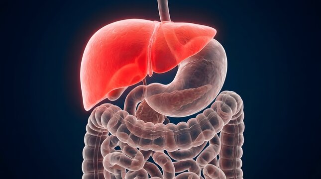 Medical 3d render highlighting the human liver and digestive system on dark background.