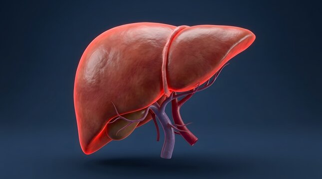 Digital illustration of human liver anatomy against a dark blue background.