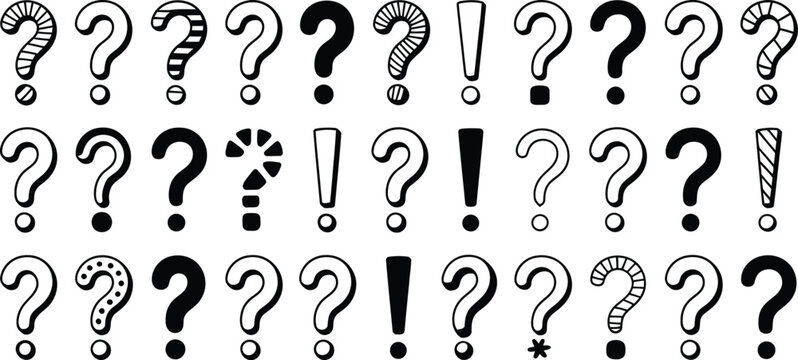 Doodle exclamation and question mark set featuring hand drawn punctuation symbols, creative ink strokes, expressive marks, playful typography, comic elements and editable vector illustrations.