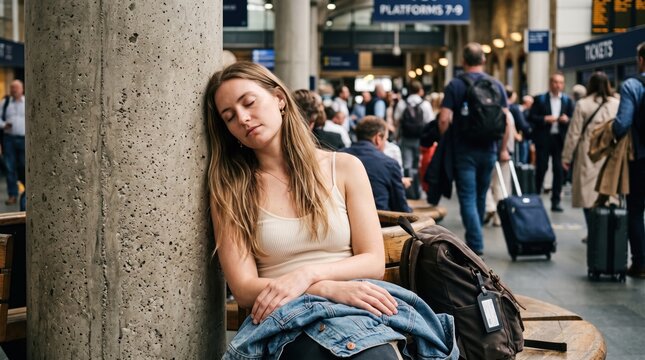 Tired young woman sleeping against a concrete pillar in a busy train station terminal