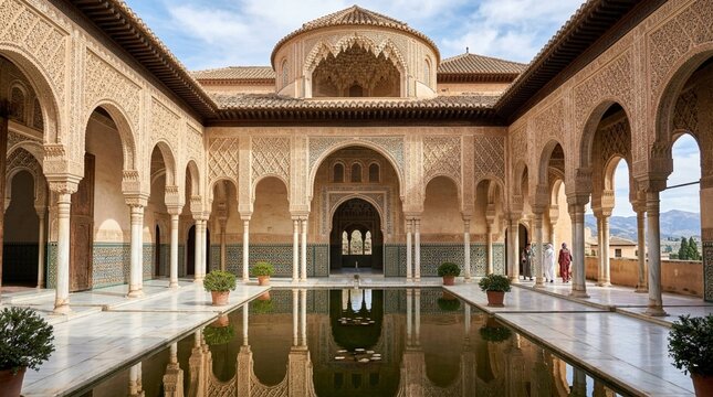 Alhambra Palace courtyard with reflecting pool and intricate Moorish architecture