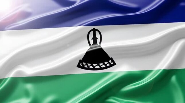 The national flag of Lesotho, featuring blue, white, and green stripes with a black Basotho hat in the center, waving with a glossy texture.