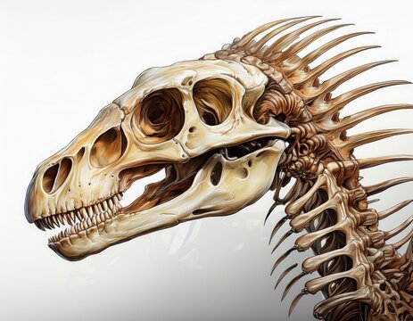 dinosaur head skeleton fossil on white background