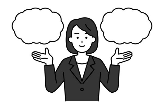 二つの選択肢を提案する黒いスーツの女性