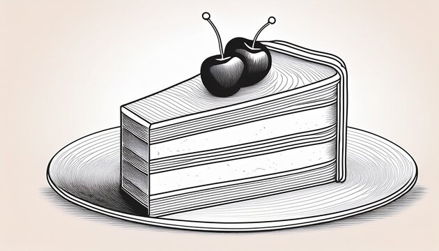 simple black and white line drawing of a cake slice with cherry