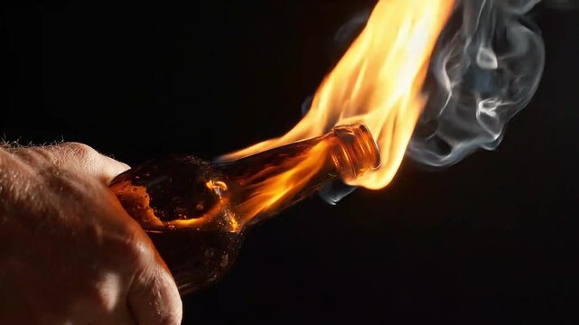 Hand Holding a Flaming Glass Bottle with Smoke Against a Black Background