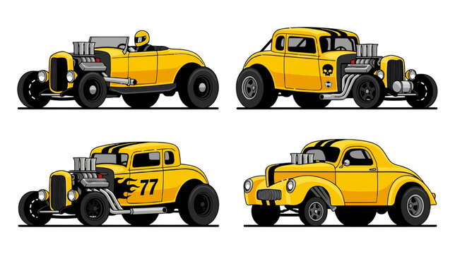 Vintage Yellow Hot Rod Cars Collection: Classic Custom Automotive Art