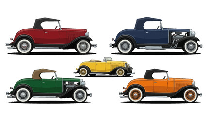 Fototapeta premium Vintage Convertible Cars Collection, Classic Roadster Vehicles Isolated