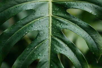 Fototapeta premium Macro view of a tropical monstera leaf with morning dew water droplets monstera botanical tropical moisture close-up environment sustainability patterned rainforest greenery