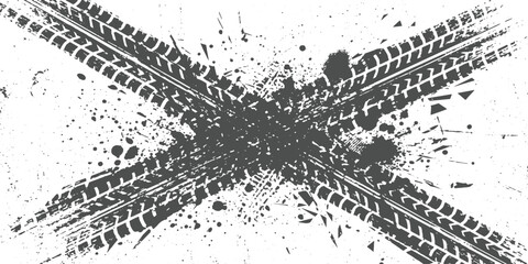 Obraz premium Crisscross grunge tire tracks background with dirty mud splatters and rough textured offroad vector illustration.