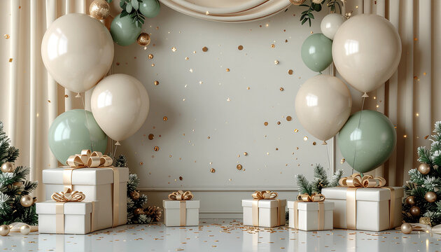 Festive party room setup with white gift boxes, sage green balloons, and confetti copy space