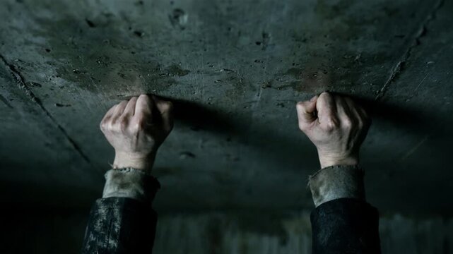 Man grips concrete ceiling in grim medieval style, pale hands straining overhead as clenched fingers hold fast and body fights upward. Man looks tense and trapped, with rough cuffs and dark sleeves