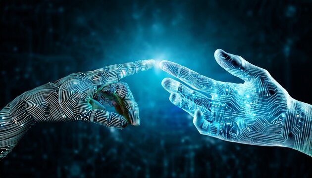 two glowing cyan hands with circuit patterns reaching to touch fingers on background