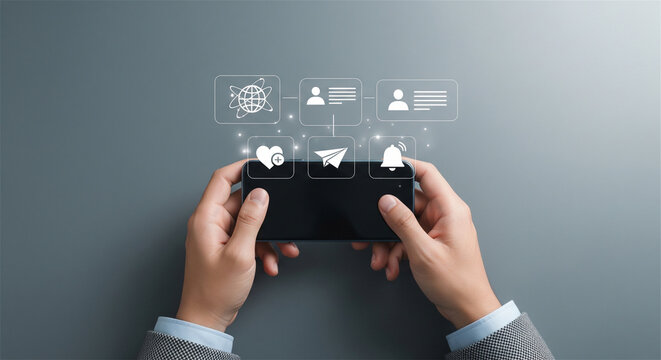 Digital marketing strategy on smartphone, businessman holding mobile phone with social media icons, online communication concept