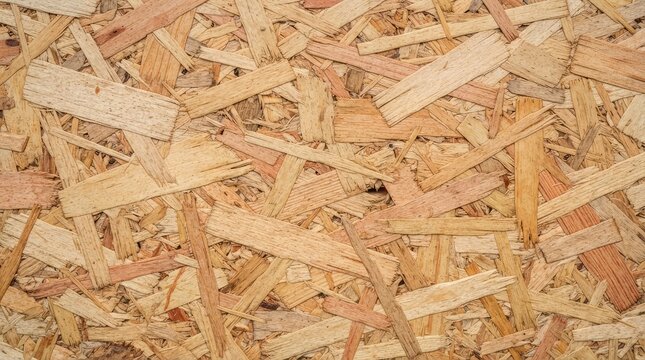 Close up view of oriented strand board texture showing pressed wood chips and construction material background