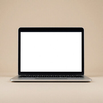 Modern laptop with blank white screen rests on neutral beige surface. Portable computer device for remote work, study or business presentation.