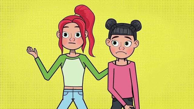 Caring young friend comforting a sad teenage girl in this expressive 2d animated motion video clip featuring vibrant yellow background