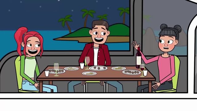 Animated friends eating dinner inside a moving boat with tropical island views in this colorful vector digital motion video clip