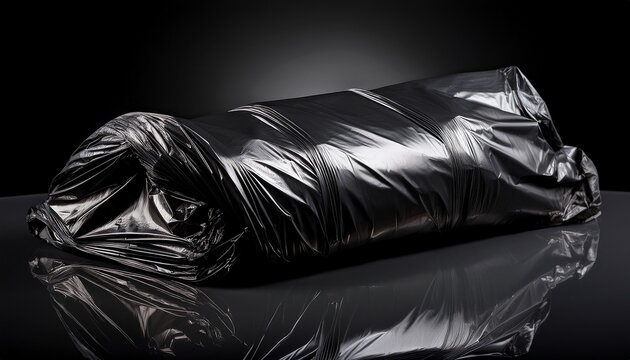 folded black plastic trash bag isolated on black background with glossy texture and wrinkled surface