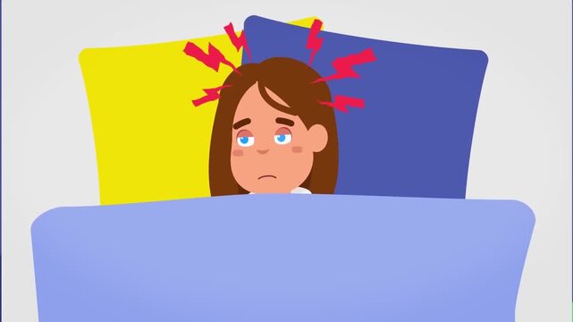 Frustrated young woman suffering from chronic migraine headache while lying awake in bed during this animated motion video footage clip