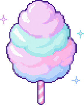 Cotton Candy pixel art sprite: large fluffy cloud of spun pink cotton candy on a white paper stick for carnivals and amusement parks
