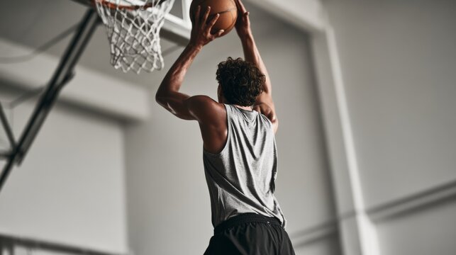Basketball Player in Action, Dunking Ball, Indoor Court, Athlete's Concentration, Sports Equipment, Basketball Net, Physical Fitness, Sports Drink Bottle, Sweatband on Wrist.