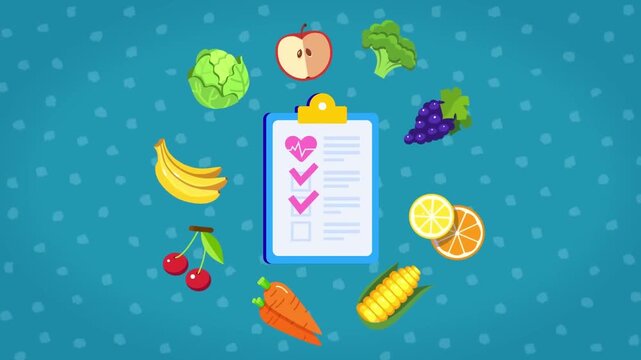Healthy nutrition plan clipboard with fresh organic food items animation circling center in this colorful flat graphic design motion clip