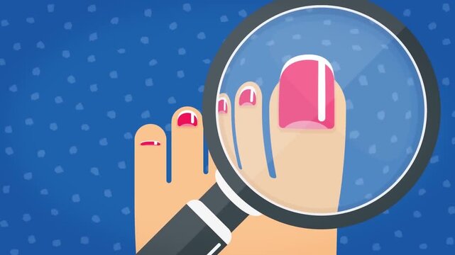 Magnifying glass animation showing toes being painted with bright pink nail polish in this colorful cartoon style motion video clip