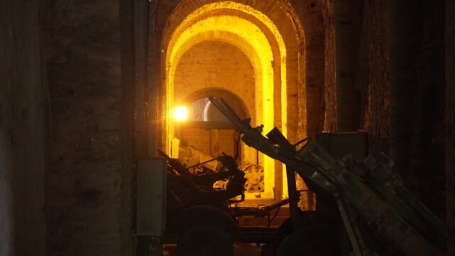 Underground stone arched tunnel historical artillery cold war Gjirokast&euml;r Castle in Albania