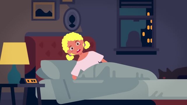 Blonde girl wakes up startled in bed during night time with dark surroundings in this animated digital motion video clip