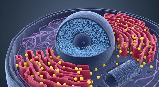 3D render of animal cell interior showing nucleus endoplasmic reticulum with ribosomes and cytoskeleton elements