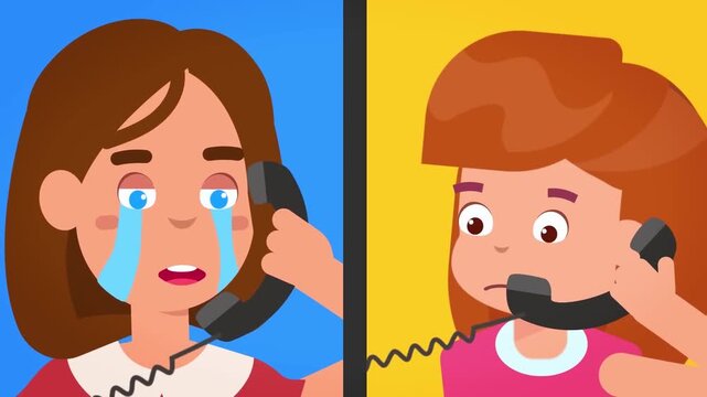 Sad little girls talking on vintage telephones in animated video clip showing emotional connection and distance between two young friends