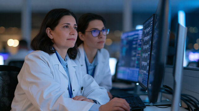 Medical Professionals Analyzing Data: Two female medical researchers in white lab coats intently study complex data displayed on computer monitors in a dimly lit laboratory.