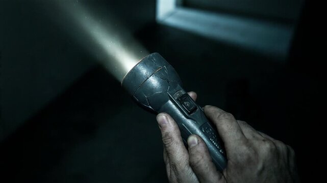 Hands activate flashlight in black room, bright beam reaching forward as adult fingers steady device. Suspenseful style frames careful searching, and tense hands reveal grimy skin and worn grip.