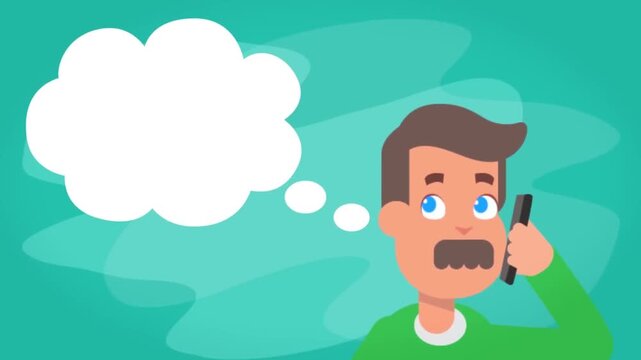 Animated man with mustache talking on smartphone while eating white food in this stylized flat design motion graphics video clip