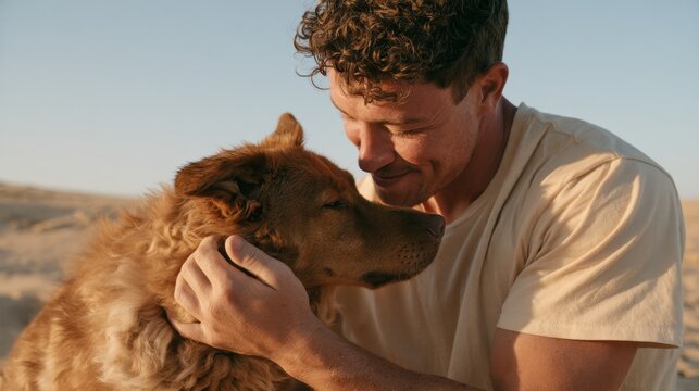 Compassionate Man Hugging Loyal Dog in Desert Environment
