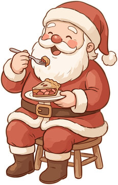 Santa Claus Enjoying a Slice of Pie: A cheerful and rotund Santa Claus, dressed in his iconic red suit and hat, sits on a stool and happily eats a slice of apple pie with a fork.