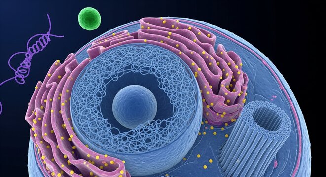 3D render of a eukaryotic cell nucleus with endoplasmic reticulum and centrosome science illustration