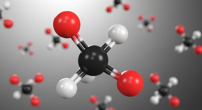 3D render of a formic acid molecule H2CO2 showing carbon oxygen and hydrogen atoms with atomic bonds
