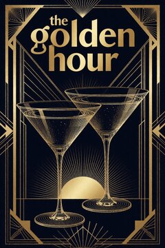 Elegant art deco illustration of two martini glasses on dark blue background with gold geometric patterns. Text the golden hour above. Sunburst motif below glasses.