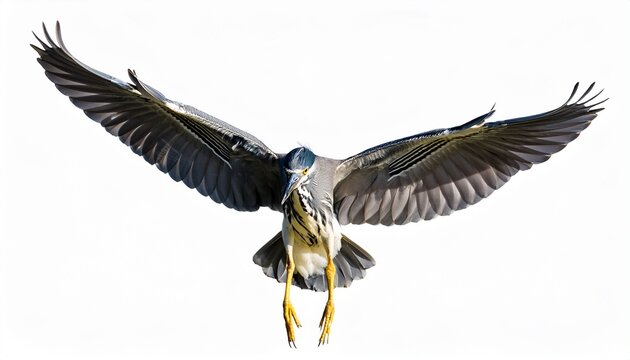 yellow crowned night heron nyctanassa violacea in flight flying with wings up view of feather detail under wing and eye head beak isolated cutout stock photo on white background