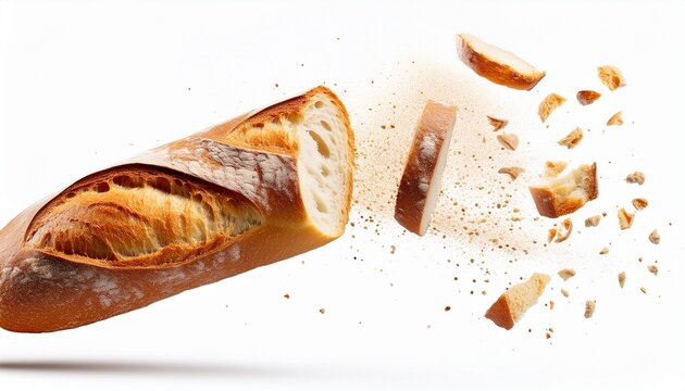 baguette bread with falling crumbs isolated on white background or white background
