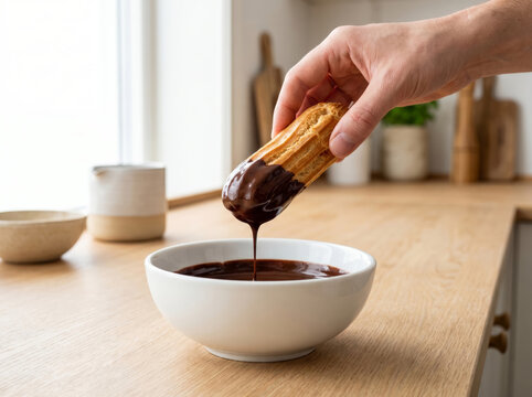Hand dipping freshly baked french eclair into a bowl of glossy melted chocolate