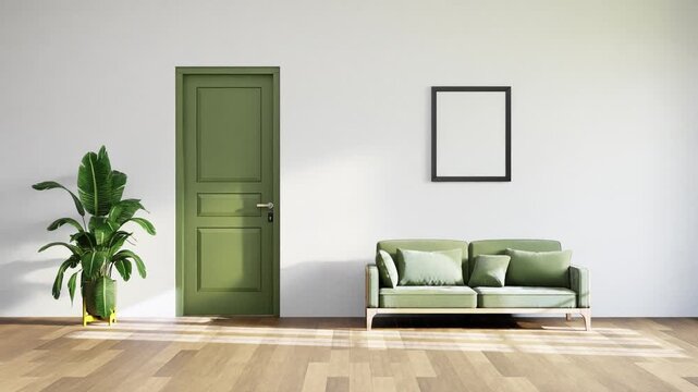 Modern minimalist interior design of living room with sage green door, sofa, frame, parquet, wall 3d animation rendering. bright