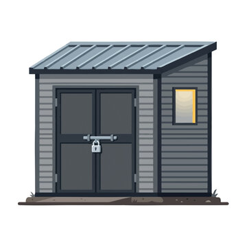 Modern gray garden storage shed illustration with locked double doors and glowing window, isolated on white background.