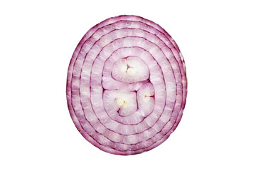 Fototapeta premium A single thin slice of fresh red onion showing concentric rings and internal texture details isolated on a transparent background